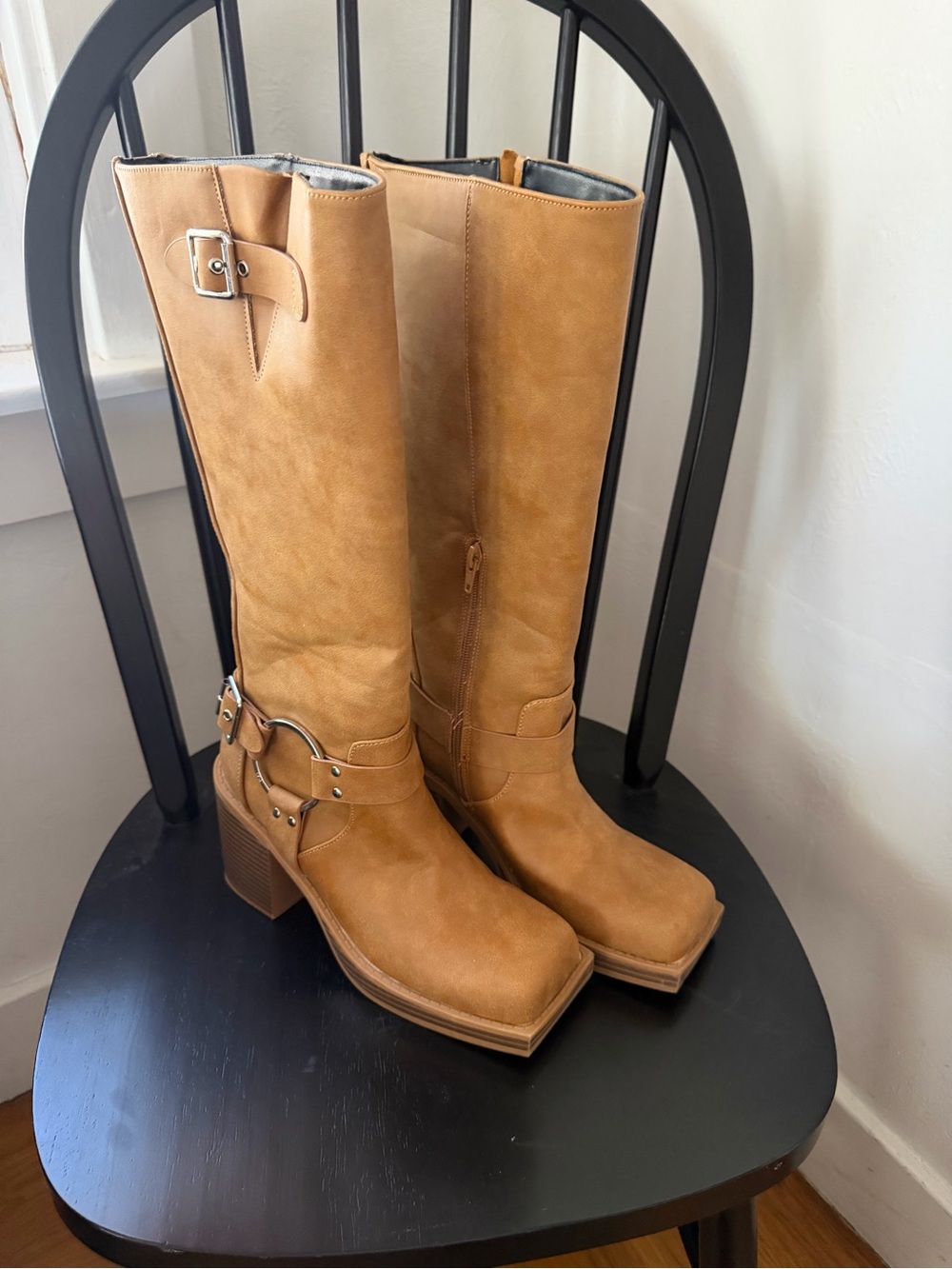 ASOS Tan Knee-High Block Heel Boots with Buckle Detail
